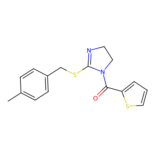 (2-((4-methylbenzyl)thio)-4,5-dihydro-1H-imidazol-1-yl)(thiophen-2-yl)methanone structure