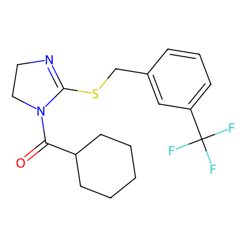 cyclohexyl(2-((3-(trifluoromethyl)benzyl)thio)-4,5-dihydro-1H-imidazol-1-yl)methanone structure