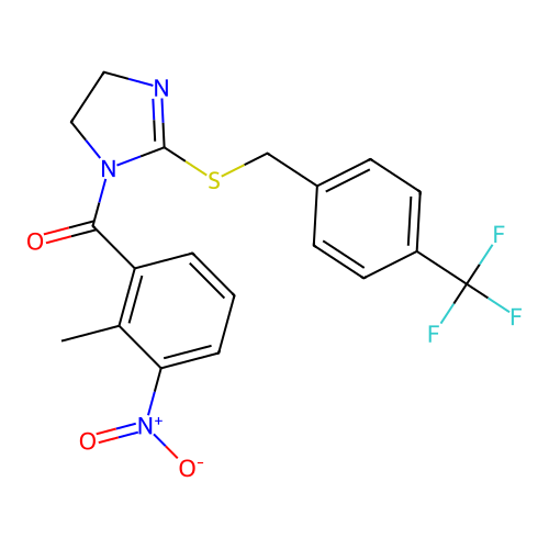 (2-methyl-3-nitrophenyl)(2-((4-(trifluoromethyl)benzyl)thio)-4,5-dihydro-1H-imidazol-1-yl)methanone structure