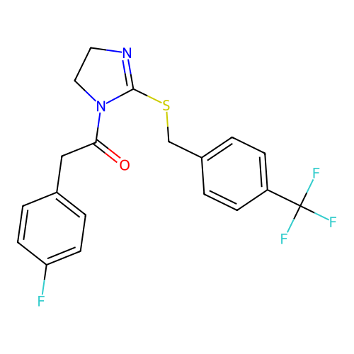 2-(4-fluorophenyl)-1-(2-((4-(trifluoromethyl)benzyl)thio)-4,5-dihydro-1H-imidazol-1-yl)ethanone structure