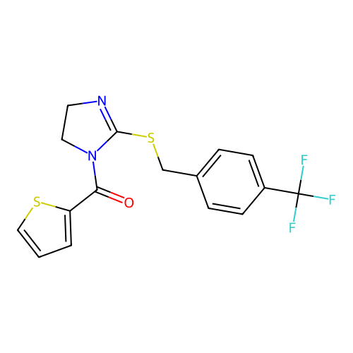 thiophen-2-yl(2-((4-(trifluoromethyl)benzyl)thio)-4,5-dihydro-1H-imidazol-1-yl)methanone structure