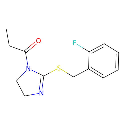 1-[2-[(2-Fluorophenyl)methylsulfanyl]-4,5-dihydroimidazol-1-yl]propan-1-one structure