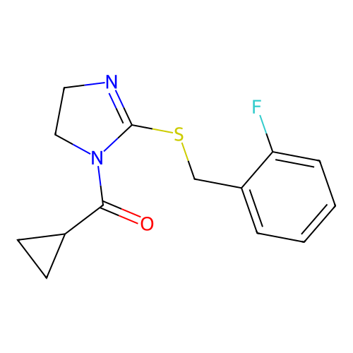 cyclopropyl(2-((2-fluorobenzyl)thio)-4,5-dihydro-1H-imidazol-1-yl)methanone structure