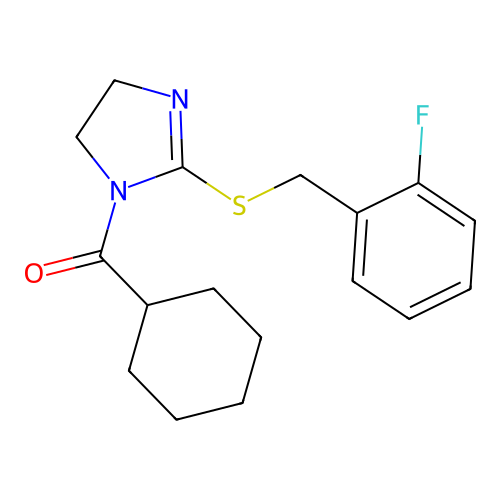 cyclohexyl(2-((2-fluorobenzyl)thio)-4,5-dihydro-1H-imidazol-1-yl)methanone structure