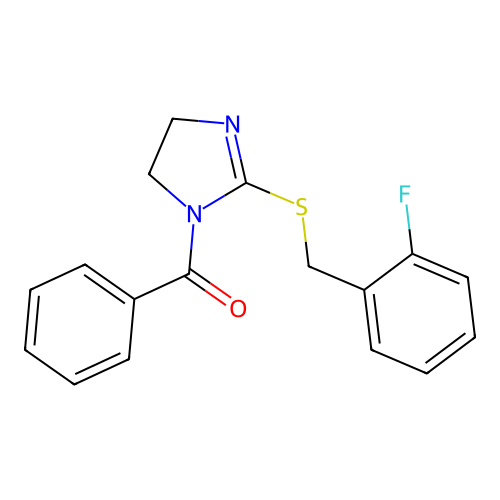 (2-((2-fluorobenzyl)thio)-4,5-dihydro-1H-imidazol-1-yl)(phenyl)methanone structure