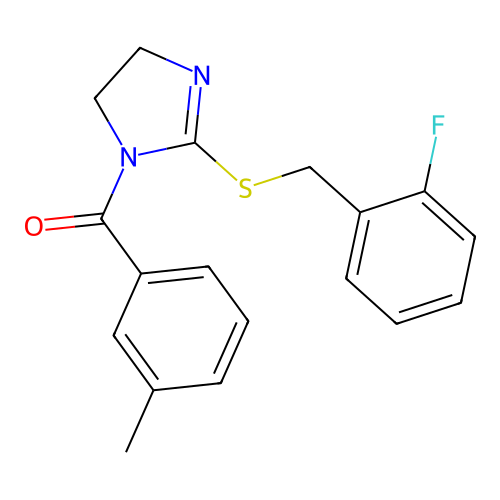 (2-((2-fluorobenzyl)thio)-4,5-dihydro-1H-imidazol-1-yl)(m-tolyl)methanone structure
