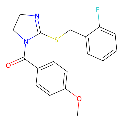 (2-((2-fluorobenzyl)thio)-4,5-dihydro-1H-imidazol-1-yl)(4-methoxyphenyl)methanone structure
