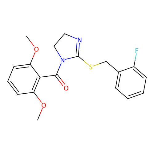 (2,6-dimethoxyphenyl)(2-((2-fluorobenzyl)thio)-4,5-dihydro-1H-imidazol-1-yl)methanone structure