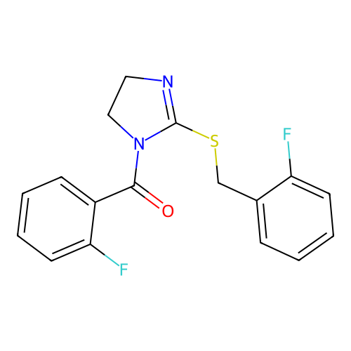 (2-((2-fluorobenzyl)thio)-4,5-dihydro-1H-imidazol-1-yl)(2-fluorophenyl)methanone structure