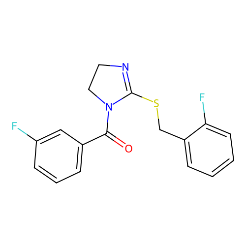(2-((2-fluorobenzyl)thio)-4,5-dihydro-1H-imidazol-1-yl)(3-fluorophenyl)methanone structure