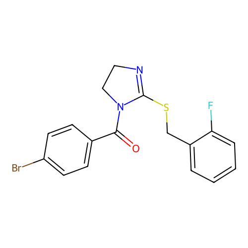 (4-bromophenyl)(2-((2-fluorobenzyl)thio)-4,5-dihydro-1H-imidazol-1-yl)methanone structure