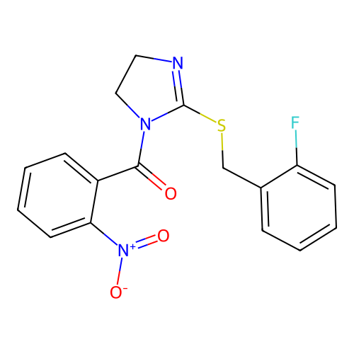 (2-((2-fluorobenzyl)thio)-4,5-dihydro-1H-imidazol-1-yl)(2-nitrophenyl)methanone structure