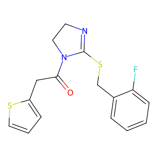 1-(2-((2-fluorobenzyl)thio)-4,5-dihydro-1H-imidazol-1-yl)-2-(thiophen-2-yl)ethanone structure