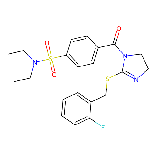 N,N-diethyl-4-(2-((2-fluorobenzyl)thio)-4,5-dihydro-1H-imidazole-1-carbonyl)benzenesulfonamide structure