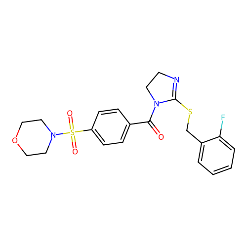 (2-((2-fluorobenzyl)thio)-4,5-dihydro-1H-imidazol-1-yl)(4-(morpholinosulfonyl)phenyl)methanone structure