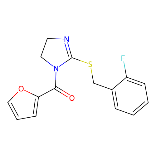 (2-((2-fluorobenzyl)thio)-4,5-dihydro-1H-imidazol-1-yl)(furan-2-yl)methanone structure