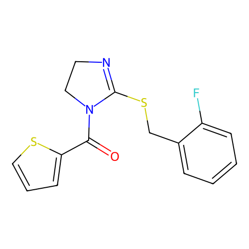 (2-((2-fluorobenzyl)thio)-4,5-dihydro-1H-imidazol-1-yl)(thiophen-2-yl)methanone structure