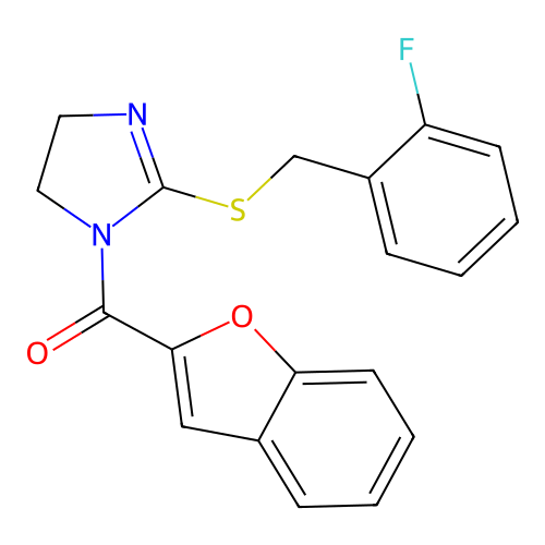 benzofuran-2-yl(2-((2-fluorobenzyl)thio)-4,5-dihydro-1H-imidazol-1-yl)methanone structure
