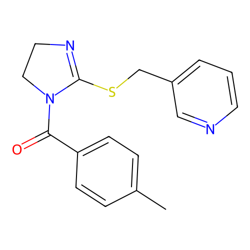 (2-((pyridin-3-ylmethyl)thio)-4,5-dihydro-1H-imidazol-1-yl)(p-tolyl)methanone structure