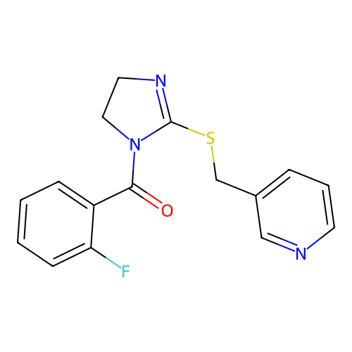 (2-fluorophenyl)(2-((pyridin-3-ylmethyl)thio)-4,5-dihydro-1H-imidazol-1-yl)methanone structure