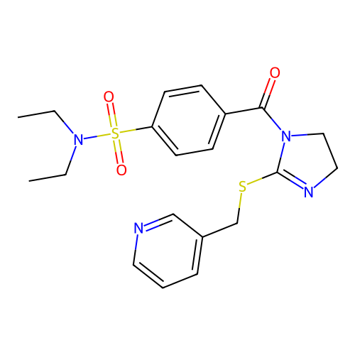 N,N-diethyl-4-(2-{[(pyridin-3-yl)methyl]sulfanyl}-4,5-dihydro-1H-imidazole-1-carbonyl)benzene-1-sulfonamide structure