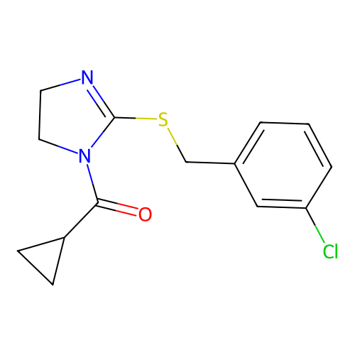 (2-((3-chlorobenzyl)thio)-4,5-dihydro-1H-imidazol-1-yl)(cyclopropyl)methanone structure