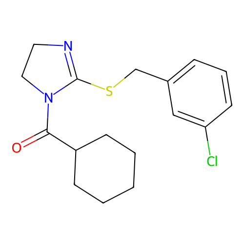 (2-((3-chlorobenzyl)thio)-4,5-dihydro-1H-imidazol-1-yl)(cyclohexyl)methanone structure