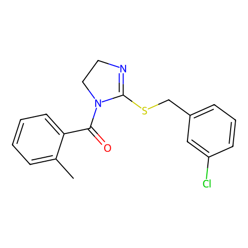 (2-((3-chlorobenzyl)thio)-4,5-dihydro-1H-imidazol-1-yl)(o-tolyl)methanone structure
