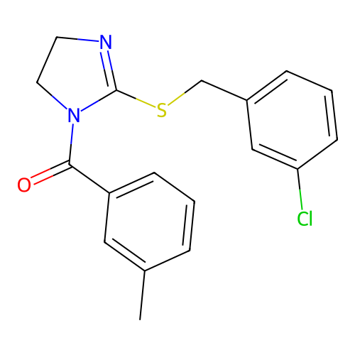(2-((3-chlorobenzyl)thio)-4,5-dihydro-1H-imidazol-1-yl)(m-tolyl)methanone structure