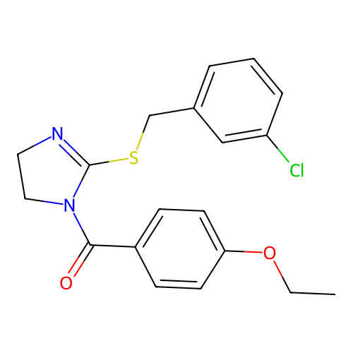 (2-((3-chlorobenzyl)thio)-4,5-dihydro-1H-imidazol-1-yl)(4-ethoxyphenyl)methanone structure