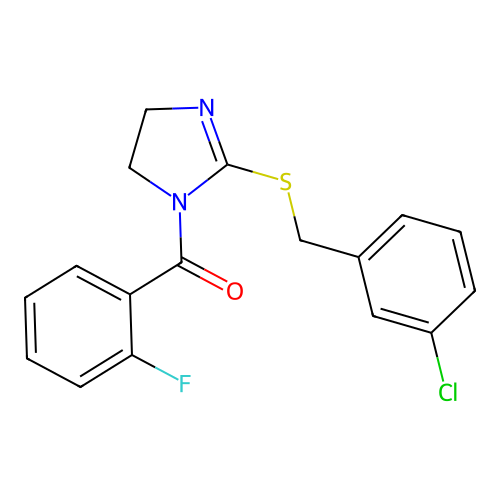 (2-((3-chlorobenzyl)thio)-4,5-dihydro-1H-imidazol-1-yl)(2-fluorophenyl)methanone structure