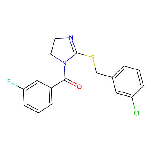 (2-((3-chlorobenzyl)thio)-4,5-dihydro-1H-imidazol-1-yl)(3-fluorophenyl)methanone structure