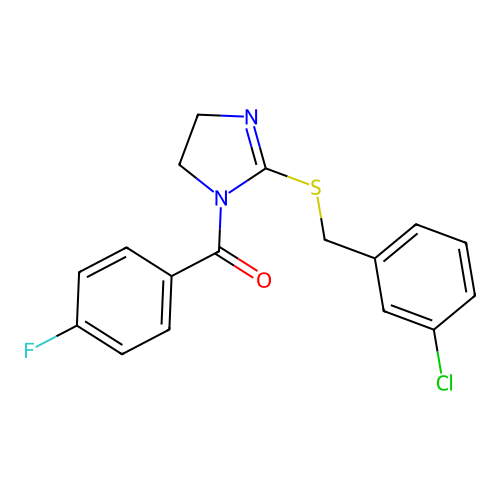 (2-((3-chlorobenzyl)thio)-4,5-dihydro-1H-imidazol-1-yl)(4-fluorophenyl)methanone structure