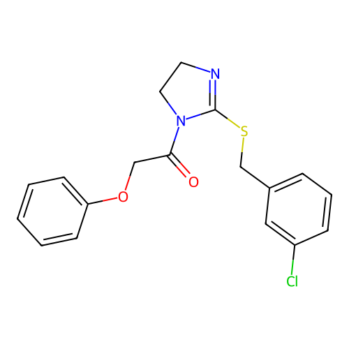 1-(2-((3-chlorobenzyl)thio)-4,5-dihydro-1H-imidazol-1-yl)-2-phenoxyethanone structure