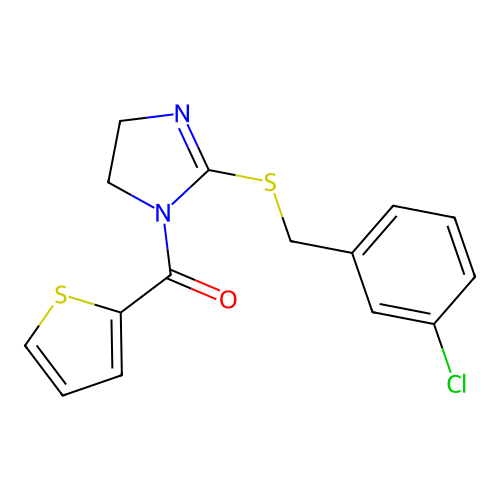 (2-((3-chlorobenzyl)thio)-4,5-dihydro-1H-imidazol-1-yl)(thiophen-2-yl)methanone structure