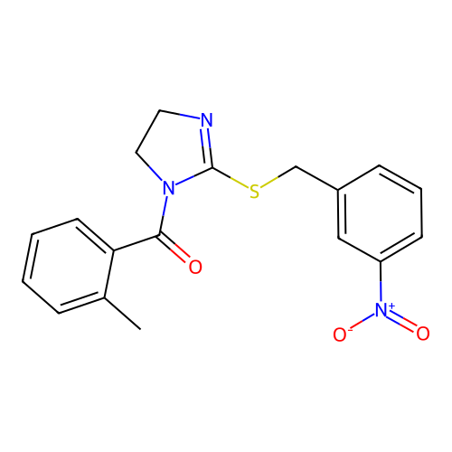 (2-((3-nitrobenzyl)thio)-4,5-dihydro-1H-imidazol-1-yl)(o-tolyl)methanone structure