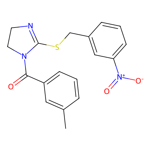 (2-((3-nitrobenzyl)thio)-4,5-dihydro-1H-imidazol-1-yl)(m-tolyl)methanone structure