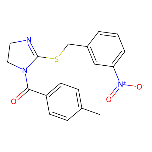 (2-((3-nitrobenzyl)thio)-4,5-dihydro-1H-imidazol-1-yl)(p-tolyl)methanone structure