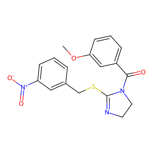 (3-methoxyphenyl)(2-((3-nitrobenzyl)thio)-4,5-dihydro-1H-imidazol-1-yl)methanone structure