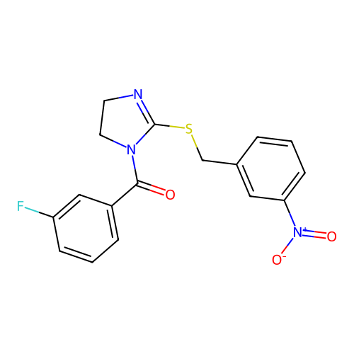 (3-fluorophenyl)(2-((3-nitrobenzyl)thio)-4,5-dihydro-1H-imidazol-1-yl)methanone structure