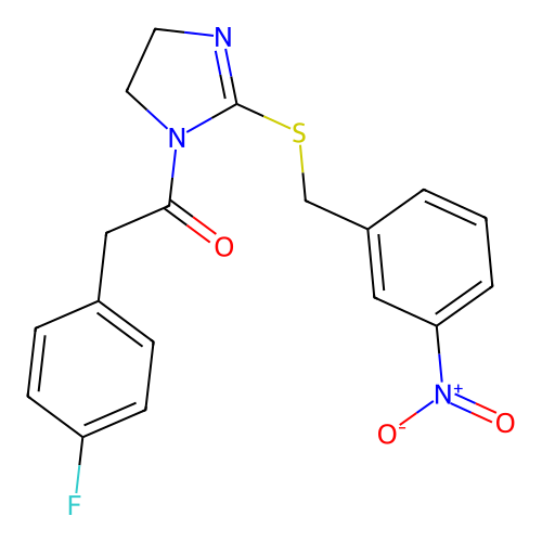 2-(4-fluorophenyl)-1-[2-[(3-nitrophenyl)methylsulfanyl]-4,5-dihydroimidazol-1-yl]ethanone structure
