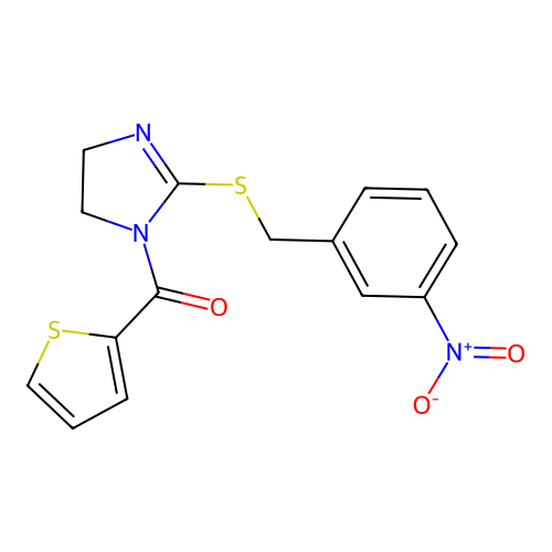 (2-((3-nitrobenzyl)thio)-4,5-dihydro-1H-imidazol-1-yl)(thiophen-2-yl)methanone structure