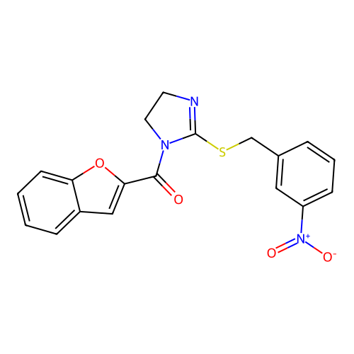 benzofuran-2-yl(2-((3-nitrobenzyl)thio)-4,5-dihydro-1H-imidazol-1-yl)methanone structure