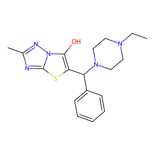 5-((4-ethylpiperazin-1-yl)(phenyl)methyl)-2-methylthiazolo[3,2-b][1,2,4]triazol-6-ol structure