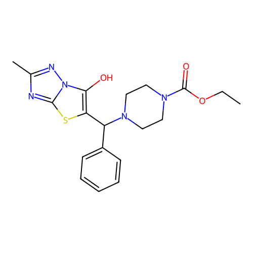 ethyl 4-((6-hydroxy-2-methylthiazolo[3,2-b][1,2,4]triazol-5-yl)(phenyl)methyl)piperazine-1-carboxylate structure