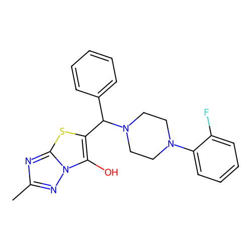5-{[4-(2-fluorophenyl)piperazin-1-yl](phenyl)methyl}-2-methyl-[1,2,4]triazolo[3,2-b][1,3]thiazol-6-ol structure