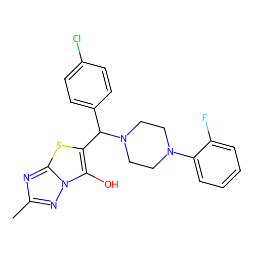 5-[(4-chlorophenyl)[4-(2-fluorophenyl)piperazin-1-yl]methyl]-2-methyl-[1,2,4]triazolo[3,2-b][1,3]thiazol-6-ol structure