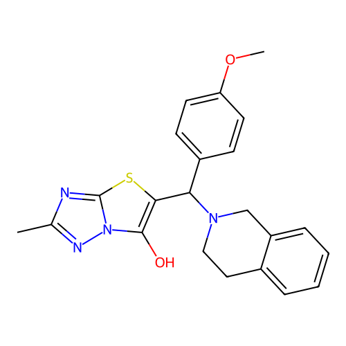 5-[3,4-dihydro-1H-isoquinolin-2-yl-(4-methoxyphenyl)methyl]-2-methyl-[1,3]thiazolo[3,2-b][1,2,4]triazol-6-ol structure