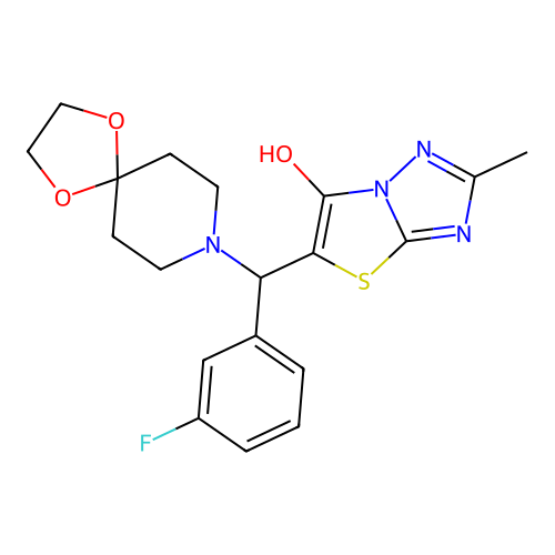 5-((3-fluorophenyl)(1,4-dioxa-8-azaspiro[4.5]decan-8-yl)methyl)-2-methylthiazolo[3,2-b][1,2,4]triazol-6-ol structure