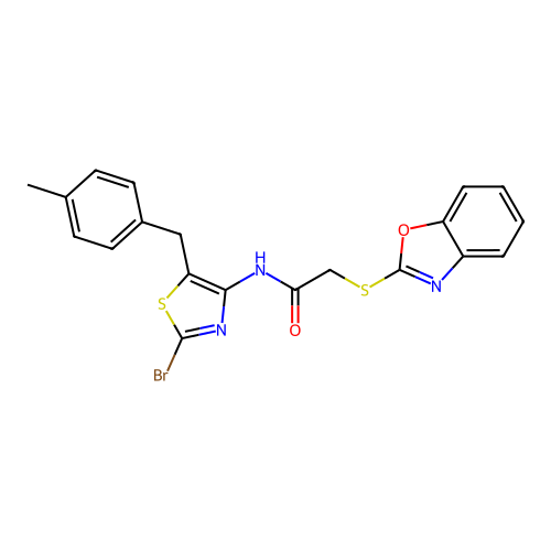 2-(1,3-benzoxazol-2-ylsulfanyl)-N-[2-bromo-5-(4-methylbenzyl)-1,3-thiazol-4-yl]acetamide structure